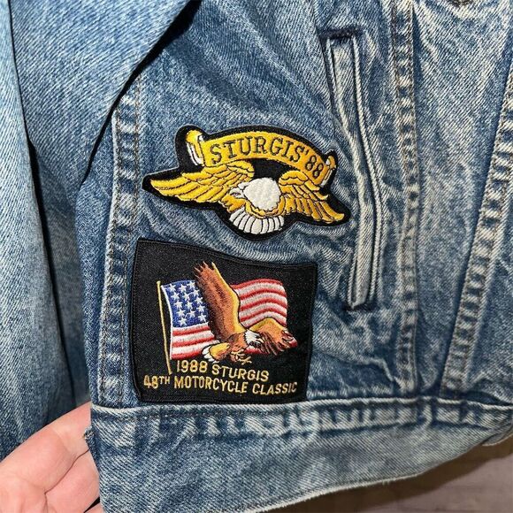 Vintage 80s Levi's Men's Harley Davidson Denim Motorcycle Jacket L with Patches - Picture 7 of 16